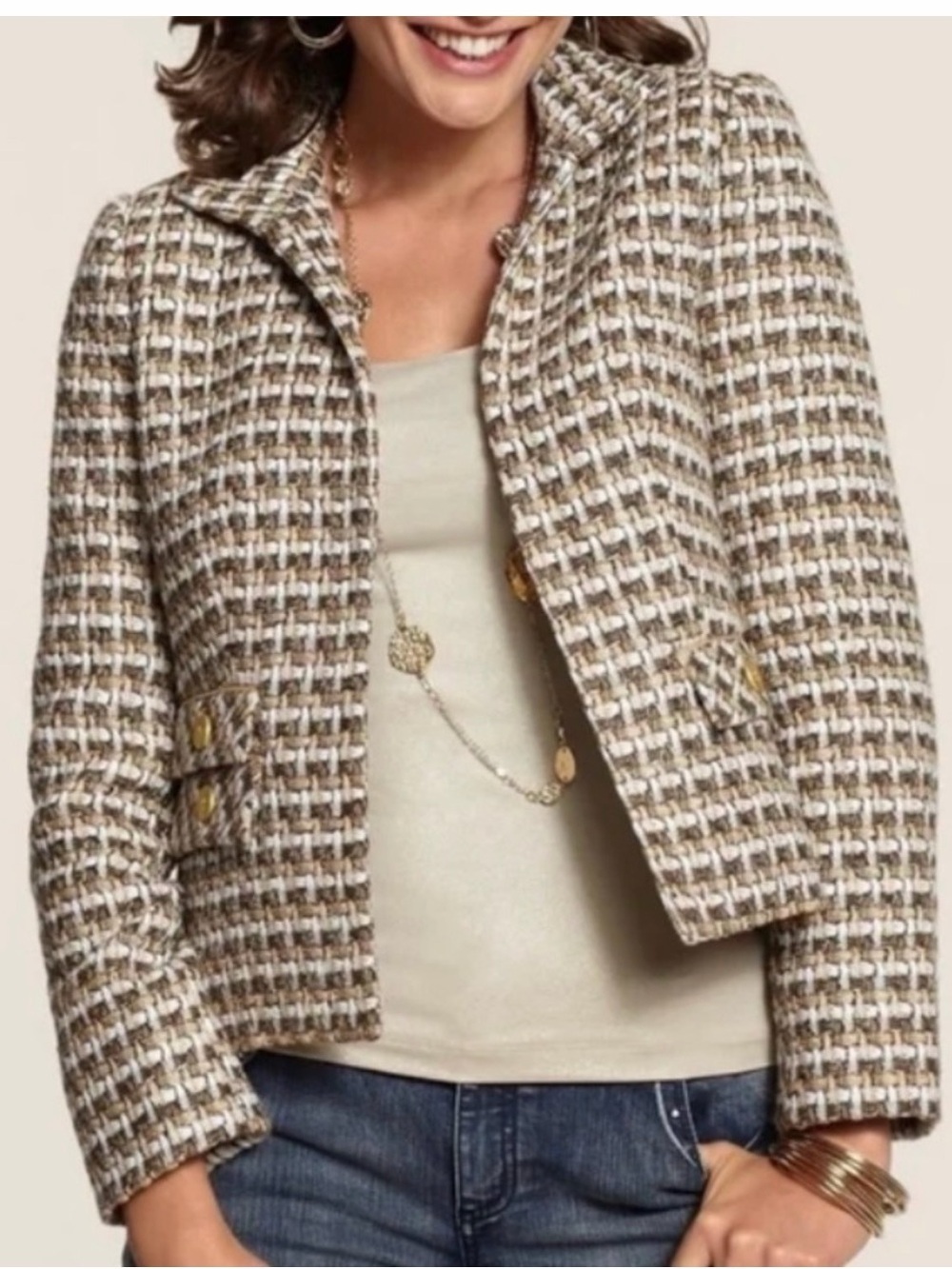 Chicos Women's Tweed Cropped Jacket in Beige Brown & White Size 1